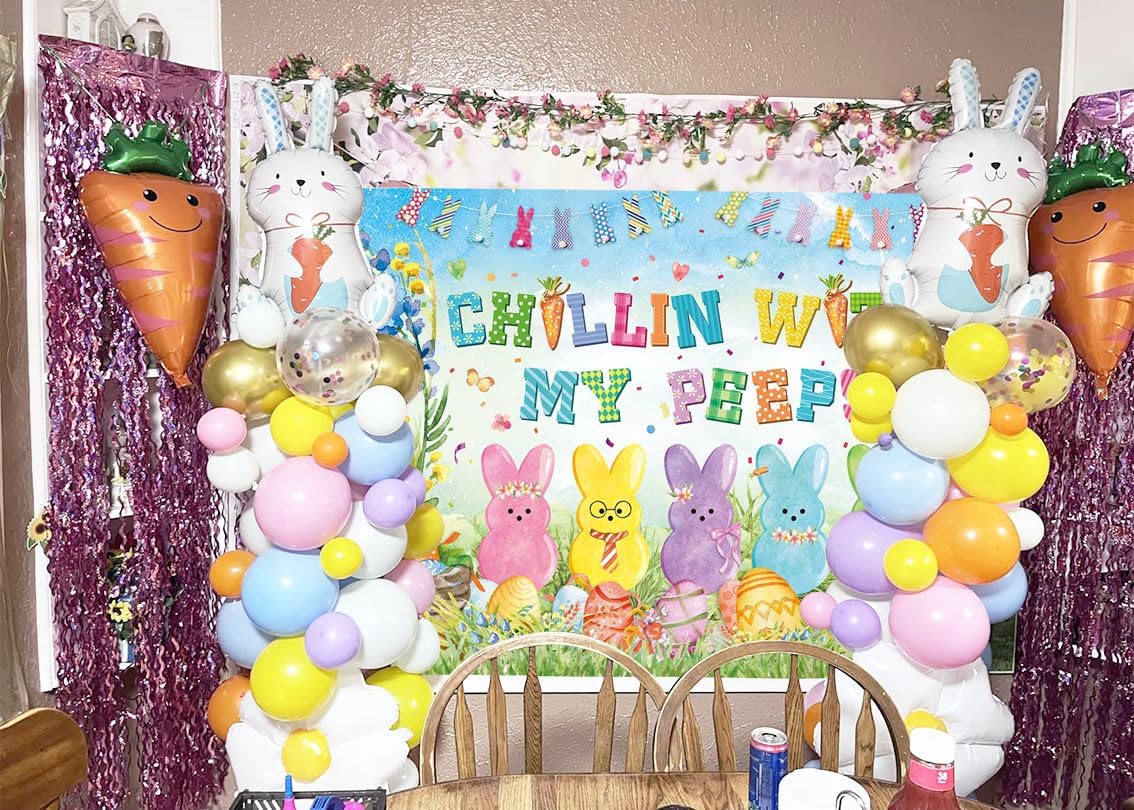 Detalle de Easter Bunny Backdrop Spring Bunny “Chillin with My Peeps” Vinyl Photoshoot Background (7x5FT)