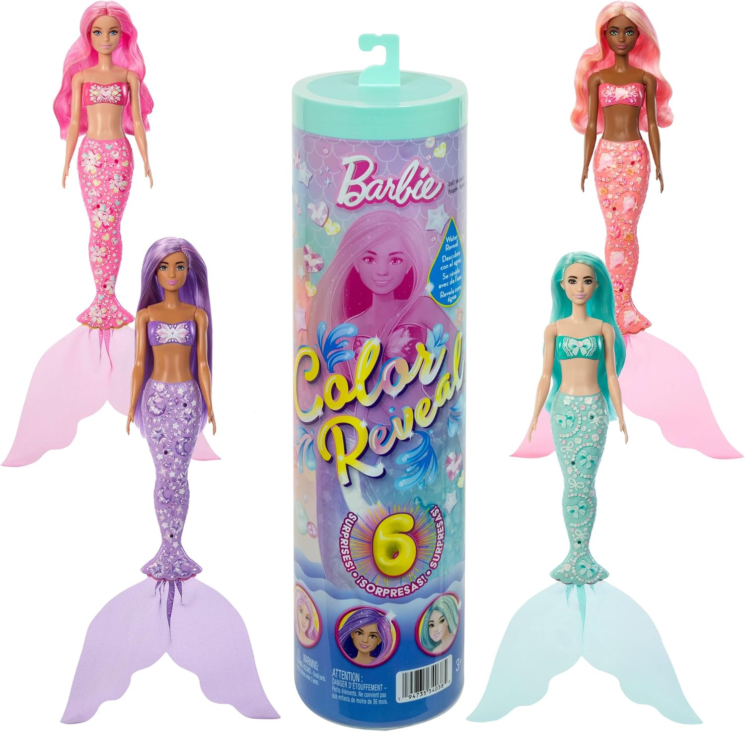 Detalle de Barbie Color Reveal Meerjungfrauen-Puppe mit 6 Überraschungen – Farbwechsel, Anhänger & Accessoires