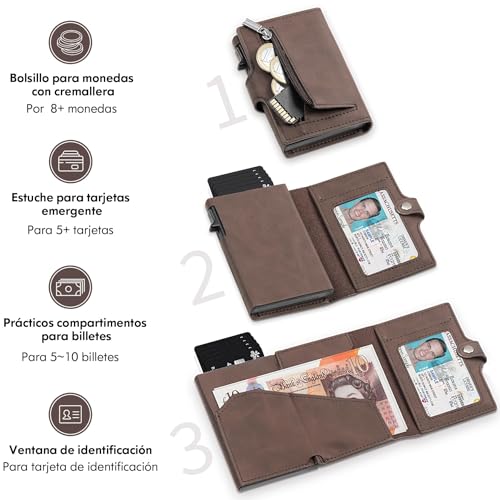 Detalle de TENBST Cartera Tarjetero RFID con bloqueo, billetera pop-up automática de cuero (marrón) para 8 tarjetas