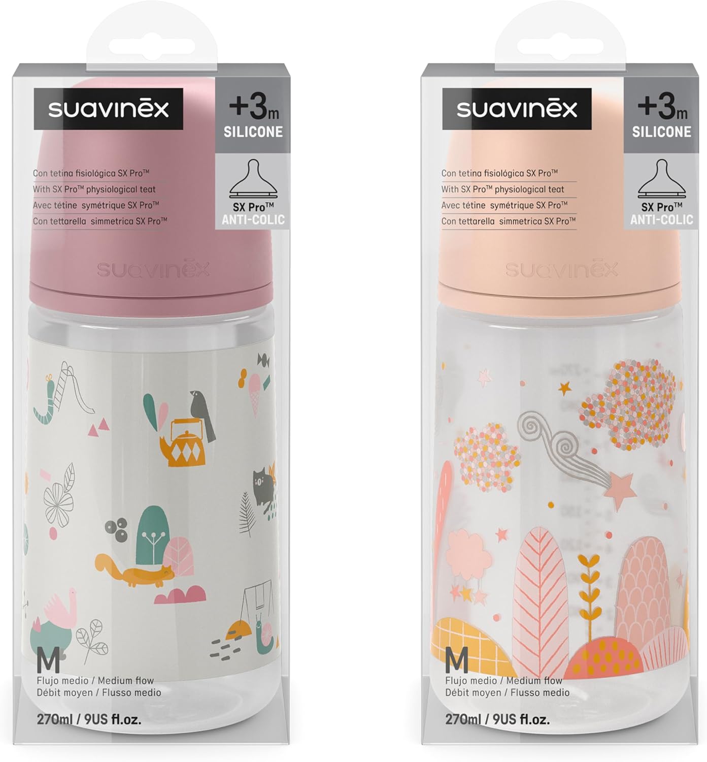 Detalle de Set 2 Biberon Suavinex Anti-Colica da 270 ml con tettarella SX Pro, flusso medio, rosa