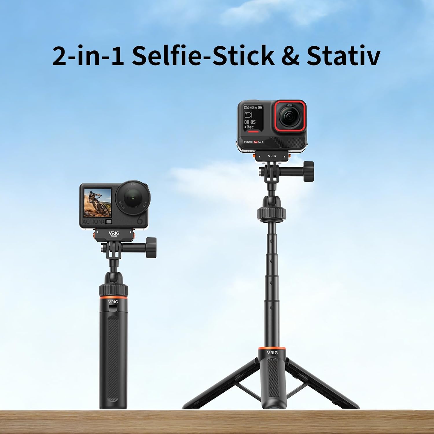 Detalle 2 de VRIG 40cm Selfie-Stick Stativ für Action Cam – 2‑Polige Halterung, verlängerbar bis 40 cm
