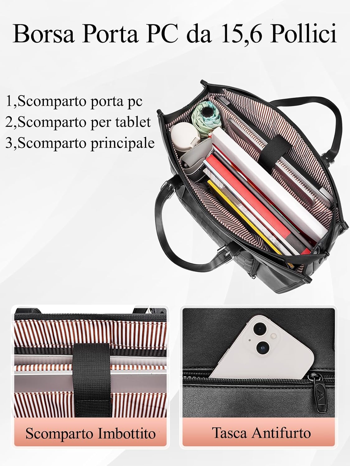 Detalle de MATEIN Borsa Lavoro Donna con Scomparto Pranzo Isolato 15,6” – Borsa PC in PU impermeabile, Nero