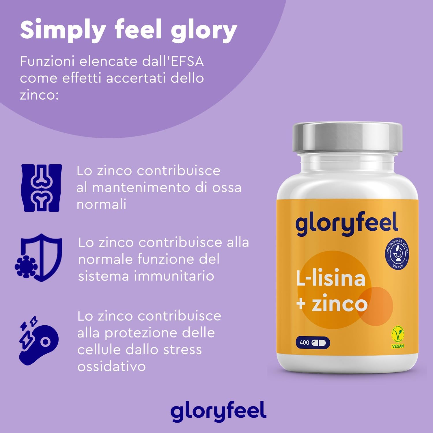 Thumbnail 3 de Gloryfeel L-Lisina 1000 mg + Zinco 1,5 mg, 400 Capsule: Alto Dosaggio Vegano da Fermentazione Vegetale