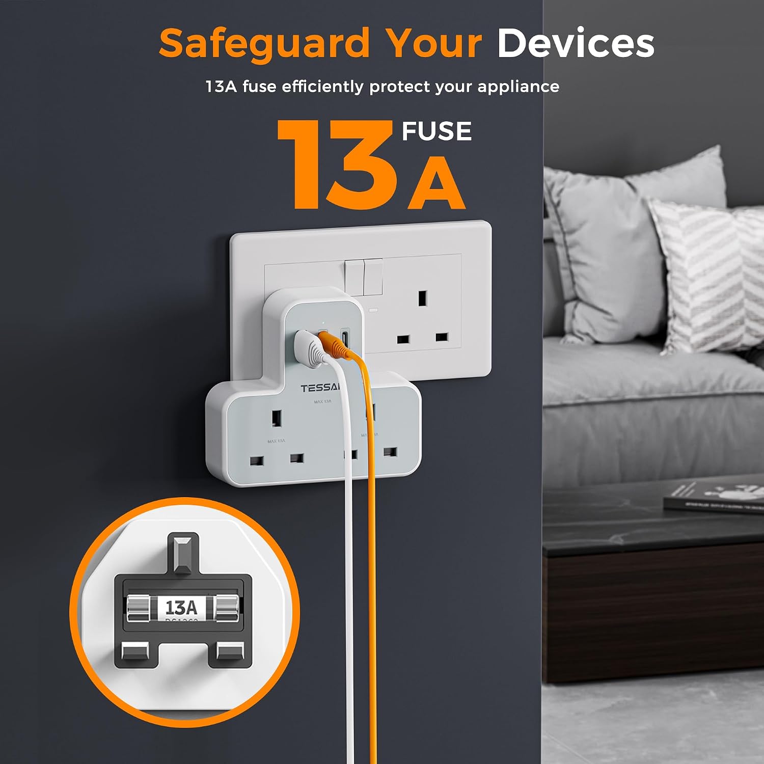 Detalle 2 de TESSAN Double Plug Extension Socket with USB-C 1A 🔌