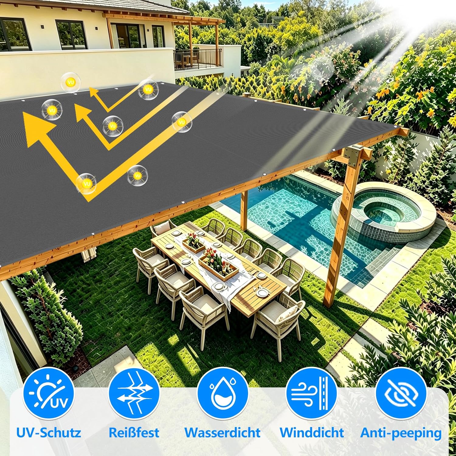 Thumbnail 2 de Sonnensegel wasserdicht rechteckig 1,5 x 2 m (Hellgrau) mit Ösen, 95% UV-Schutz