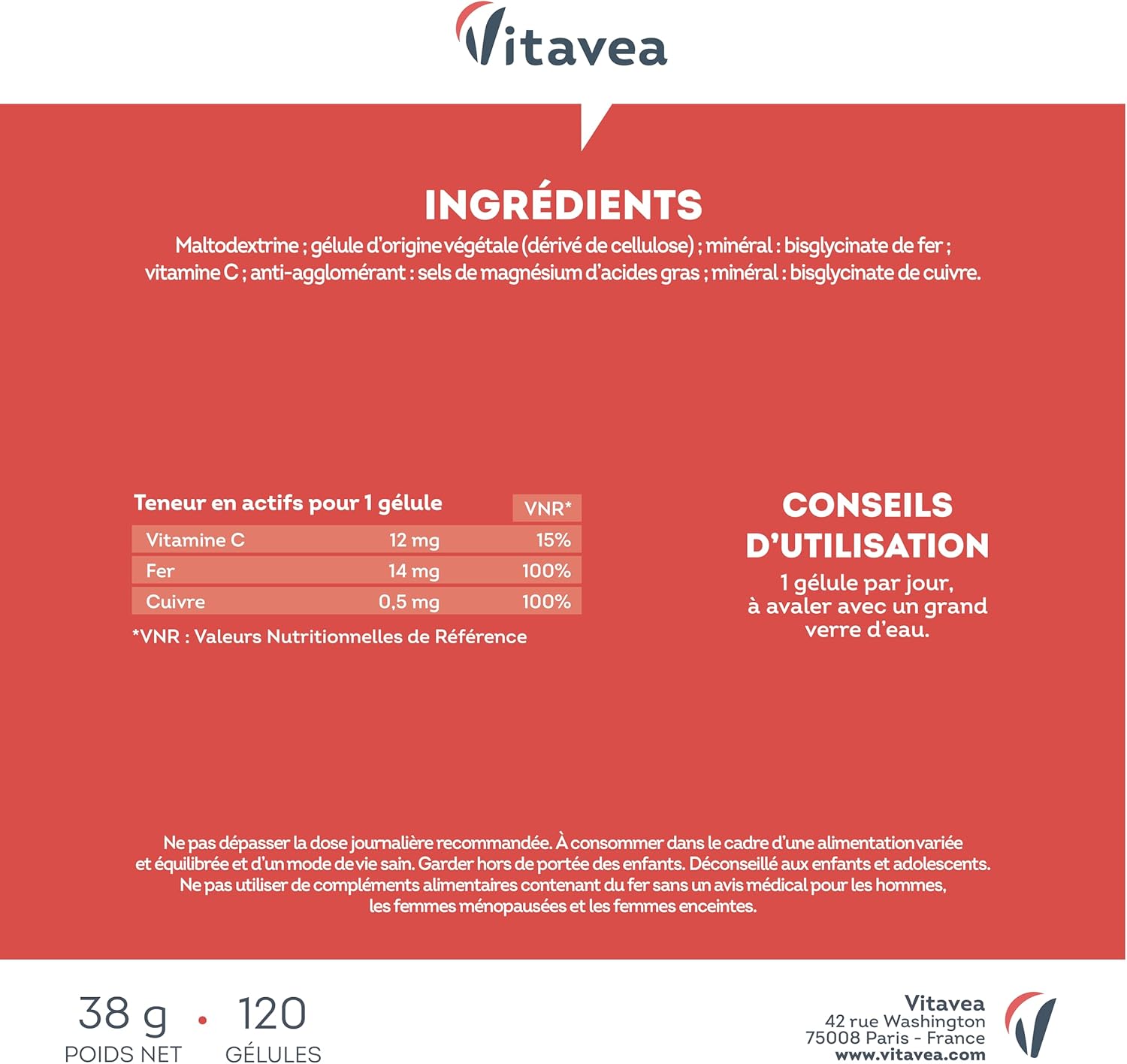 Thumbnail 5 de Vitavea Fer Bisglycinate 14 mg + Vitamine C & Cuivre – absorption élevée, 120 gélules vegan, fabriqué en France