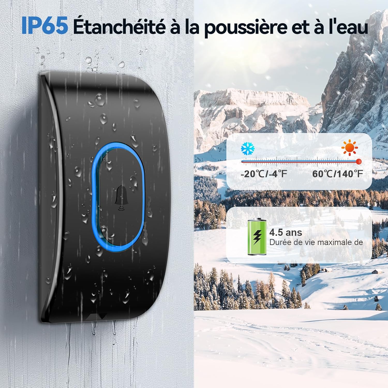 Thumbnail 3 de TECKNET Sonnette sans fil extérieure IP65 — Kit émetteur et récepteur, 400 m, 60 sonneries et 5 niveaux de volume