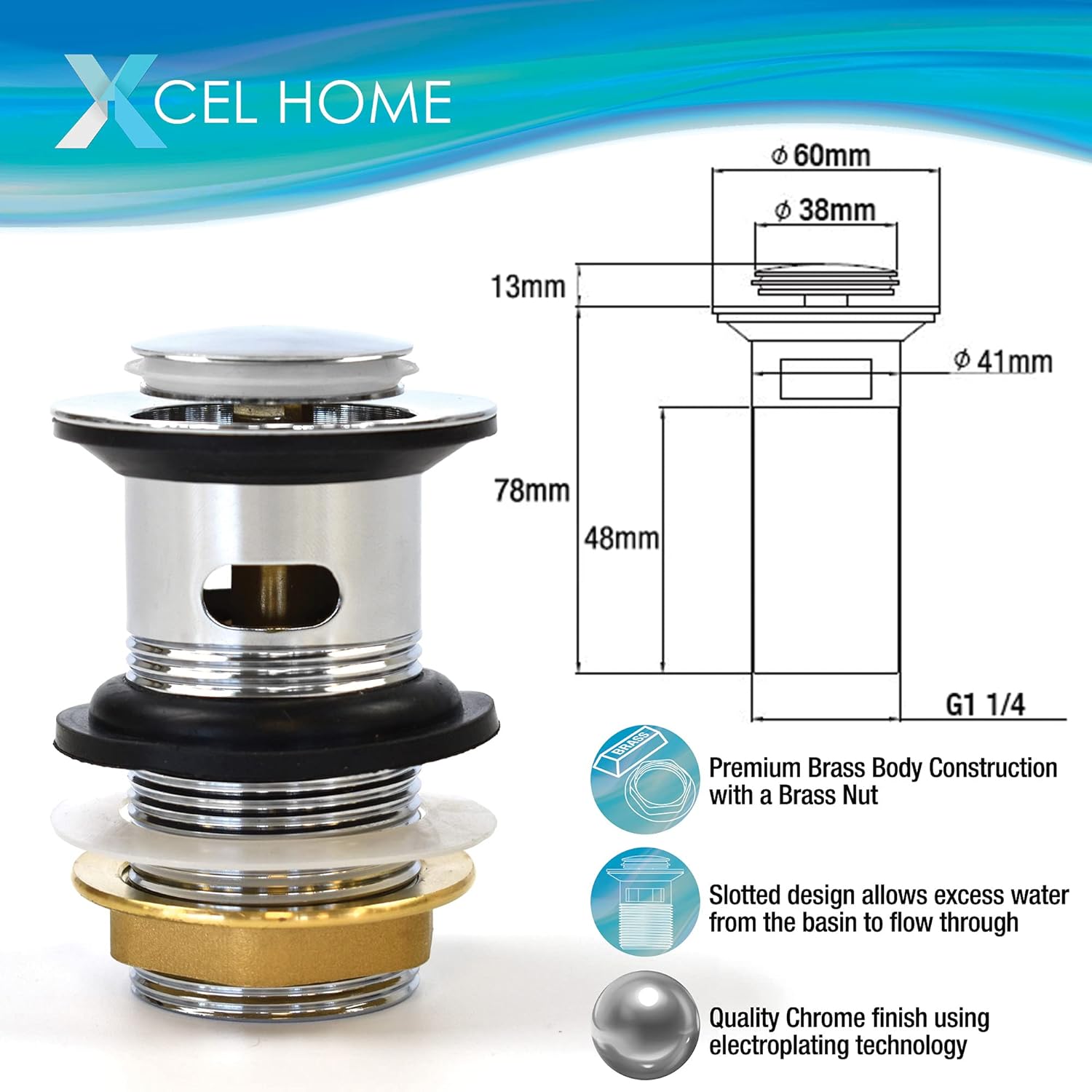 Thumbnail 4 de Xcel Home Replacement Slotted Chrome Basin Waste 10