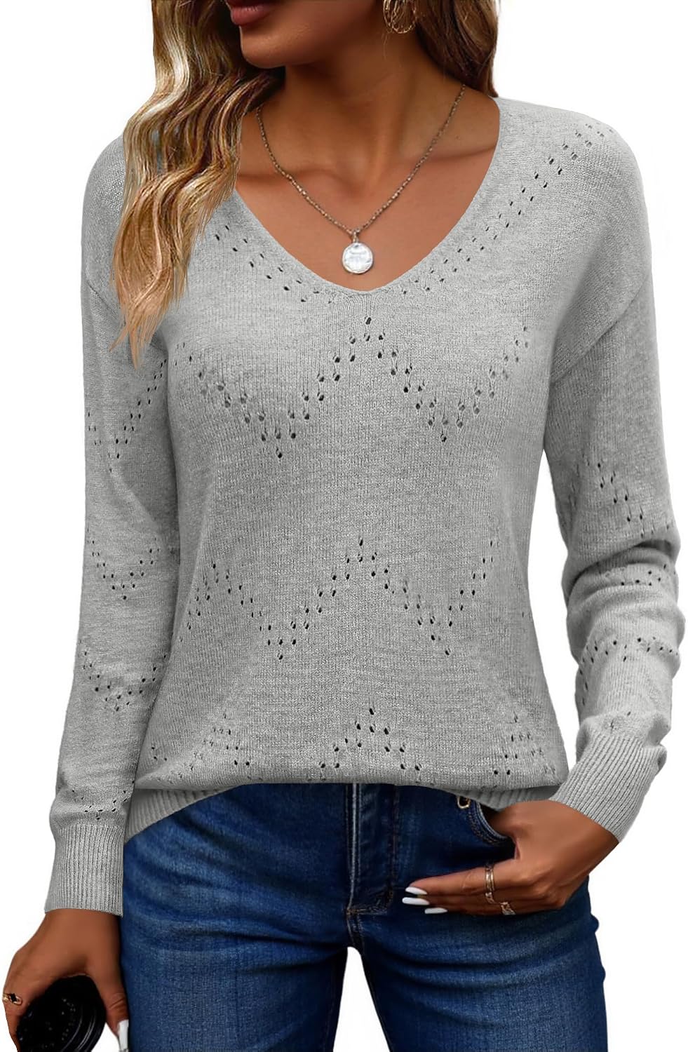 Detalle de Zeagoo Pull Femme Col V en Crochet S-XXL