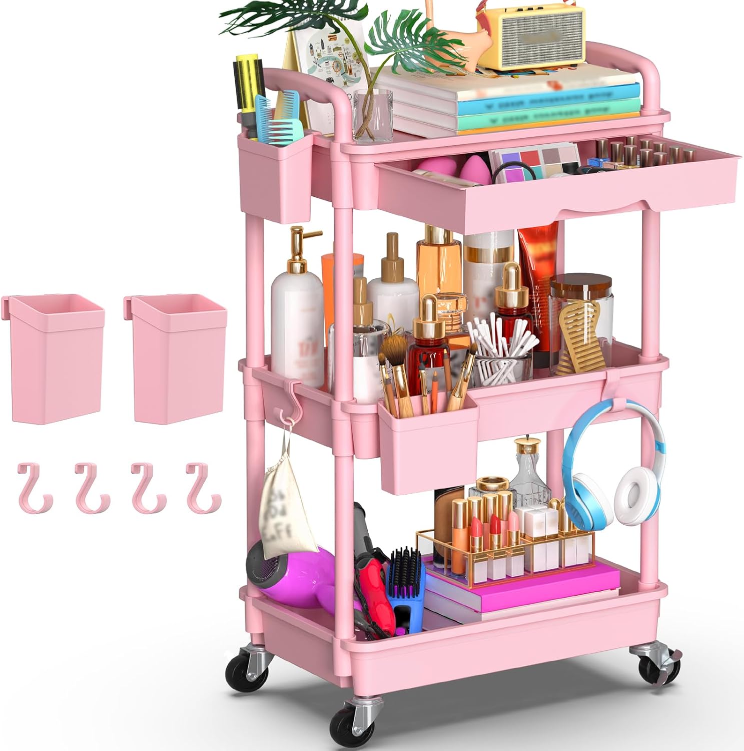 Detalle de Goovilla GV-UC03PK 3-Tier Rolling Utility Cart with Removable Drawer, Pink