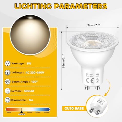 Detalle 2 de Caldarax Lampadine GU10 LED Spot 5W (Equivalenti a 50W) – 4000K, 500 lm, 120° • 10 pezzi