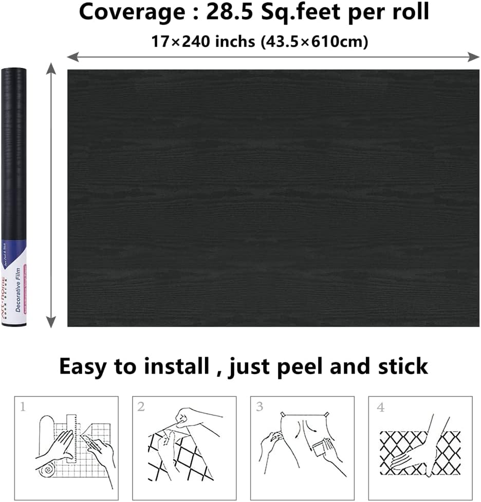 Thumbnail 4 de Arthome Black Wood Contact Paper Peel and Stick (43.5cm x 610cm) for Cabinets, Countertops & Walls
