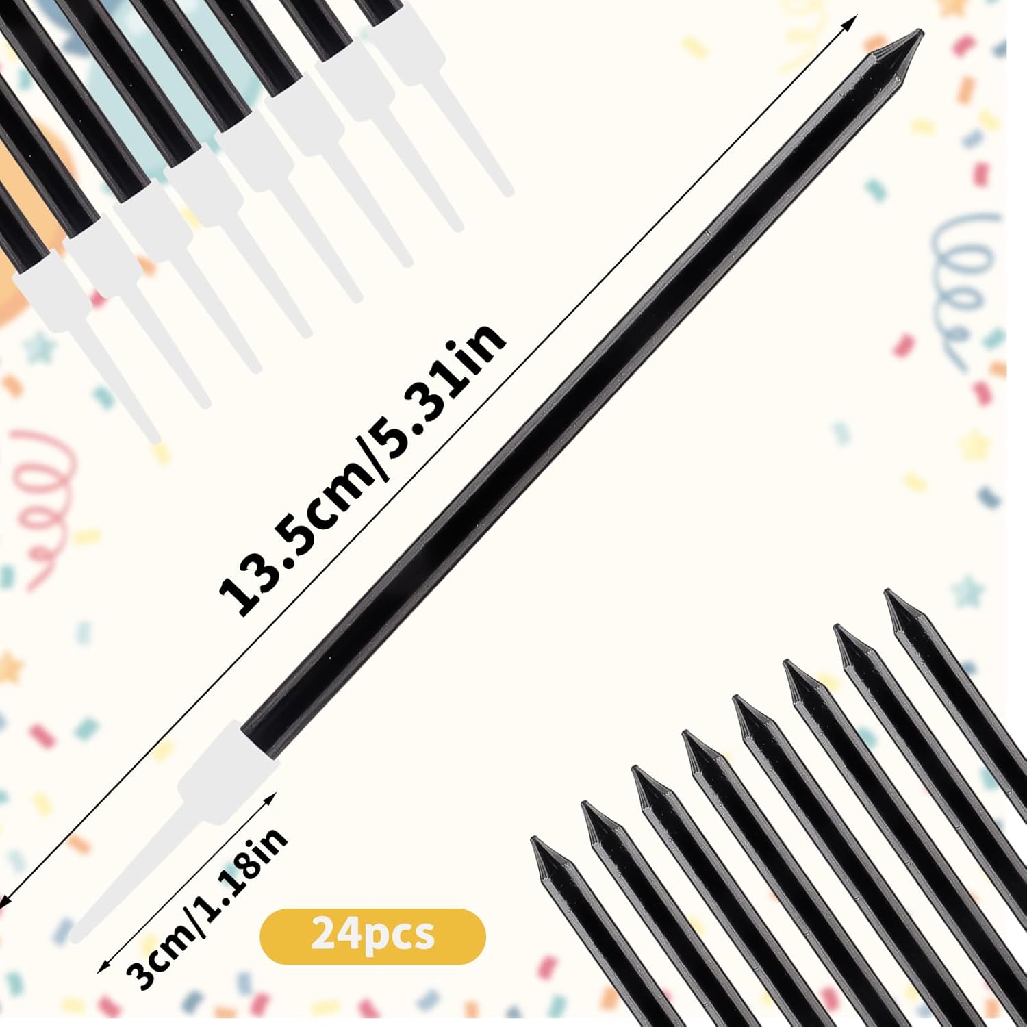 Thumbnail 1 de Yiran Glitter Black Birthday Candles (24 pcs) – 10cm thin tall cake topper candles with holders