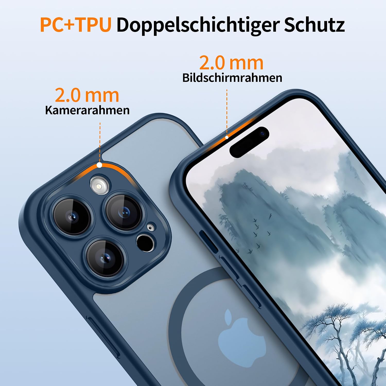 Detalle de Jshru Hülle für iPhone 14 Pro Max mit 2 Panzer Glas-Schutzfolien – MagSafe kompatibel, matt-transluzent, blau