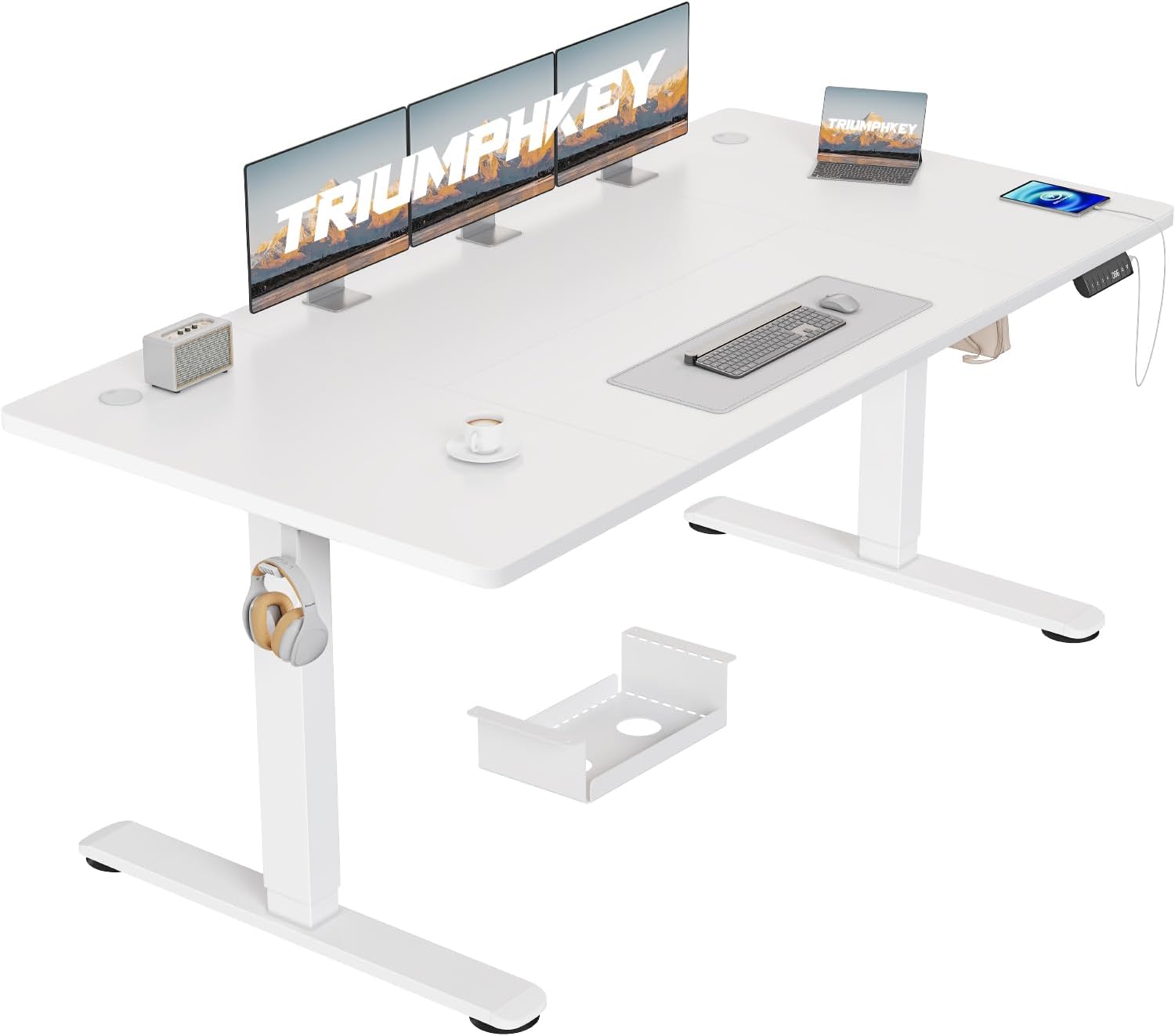 Detalle de TRIUMPHKEY Höhenverstellbarer Schreibtisch 160x80 cm mit USB Ladeanschluss – 3 Speicherplätze, Anti-Kollisions-System, weiß