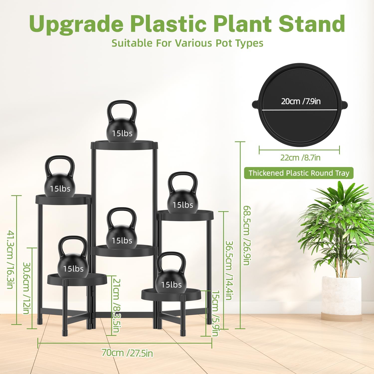 Detalle de iDavosic.ly 6-Tier Folding Plant Stand with Waterproof Plastic Trays, Black