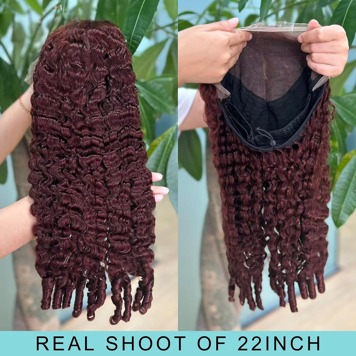 Detalle de Reddish Brown Drawstring Burmese Curly Wig: 22" 13x6 HD Lace Front, 250 Density, Virgin Human Hair