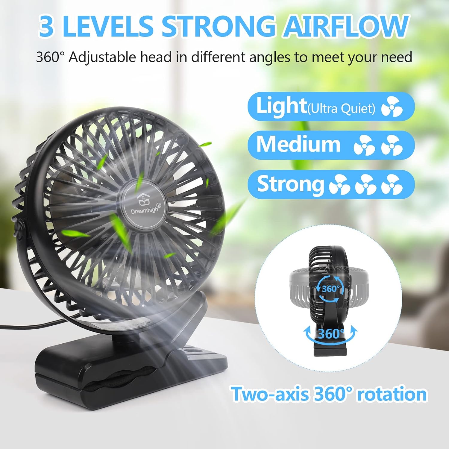 Thumbnail 1 de Dreamhigh® Mini USB Fan: 360° Clip & Table Fan for Desk — Quiet, Portable and USB-Powered