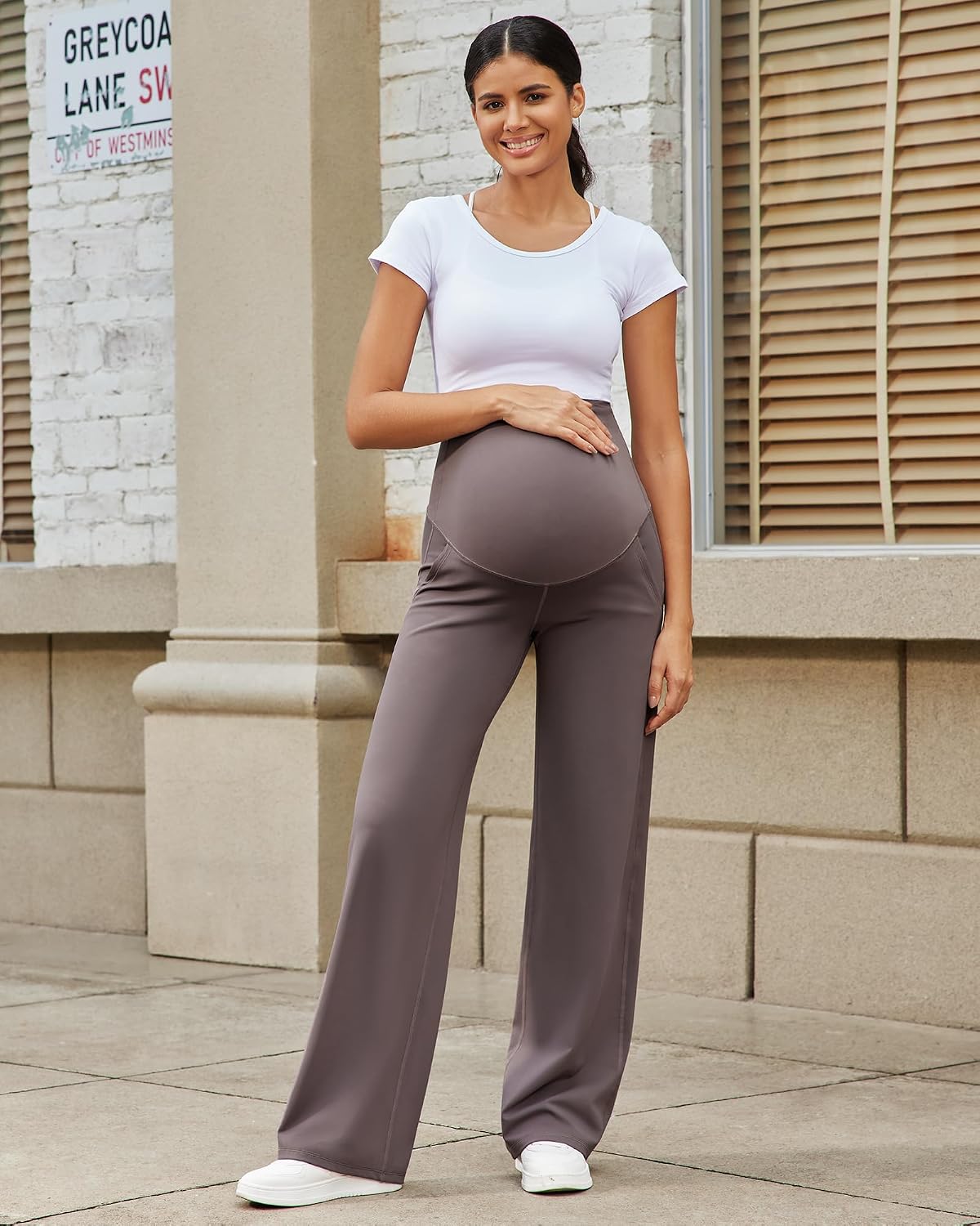 Detalle de G4Free EverGoing Maternity Pants, Over-the-Belly Wide-Leg Work Trousers
