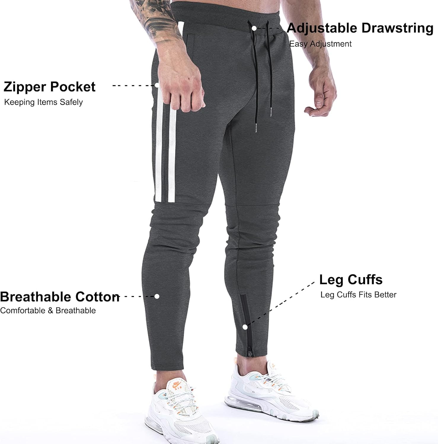 Thumbnail 4 de Suwangi Pantaloni Tuta Uomo Palestra Slim Fit con Tasche Zip e Dettagli a Righe