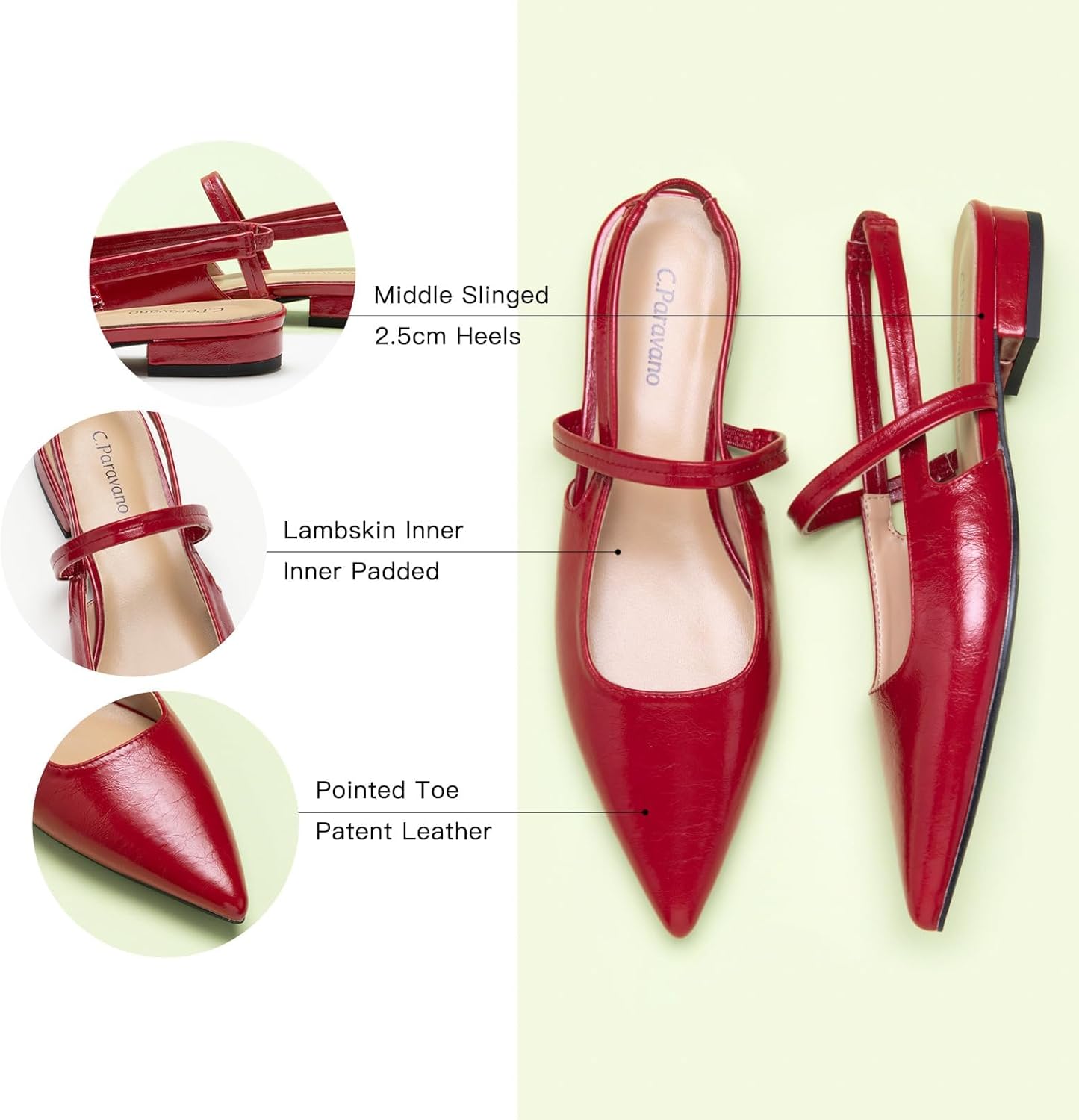 Detalle de C.Paravano Women’s Slingback Flats with Pointed Toe & Kitten Heel