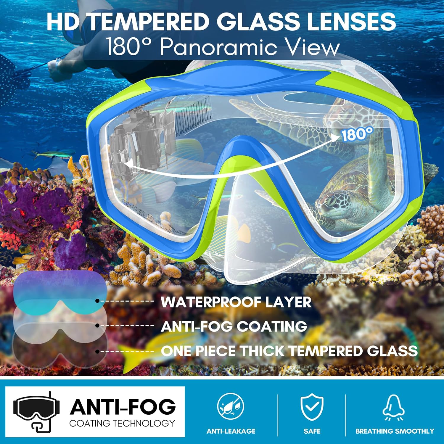 Detalle de HiiPeak Kids Snorkeling Gear: Tempered-Glass Mask with Nose Cover and Dry-Top Snorkel (Ages 5–15)