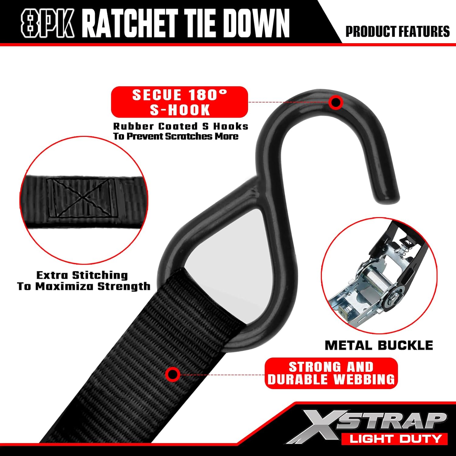 Thumbnail 4 de XSTRAP STANDARD 16044-11100 Ratchet Tie-Down Straps, 1-Inch x 10-Foot, 8-Pack