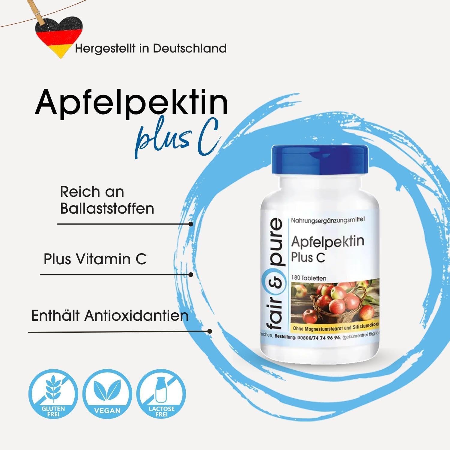 Detalle de Fair & Pure Apfelpektin Plus C mit Vitamin C und Calcium – 180 Tabletten, vegan, in Deutschland hergestellt