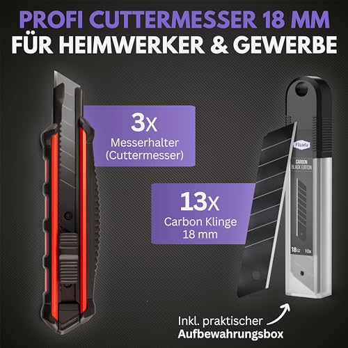 Detalle 2 de Filzada® 3x Cuttermesser Profi 18mm Ultrascharf + 13x Carbon Klingen – robust und vielseitig