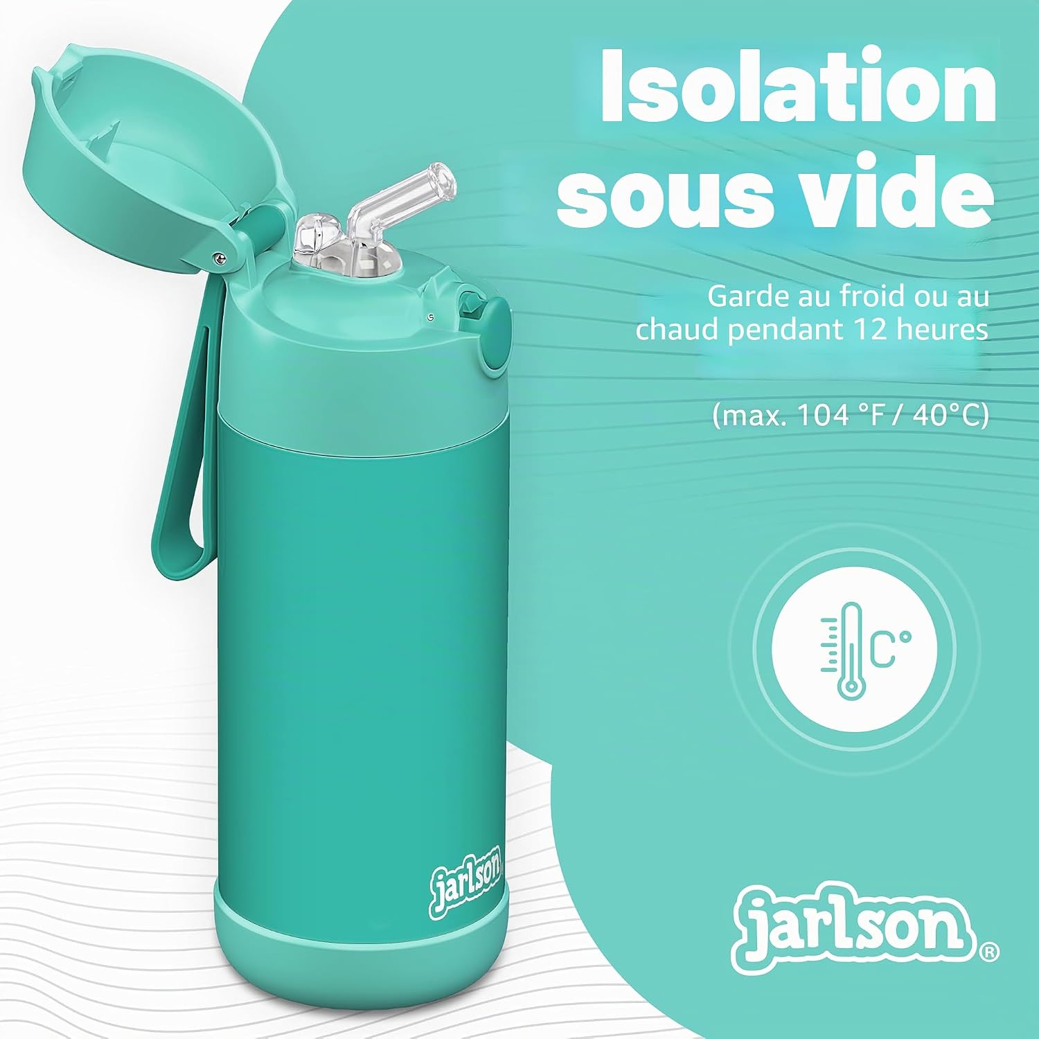 Thumbnail 1 de Gourde Enfant CHARLI 350 ml de Jarlson – Bouteille Isotherme Anti-Fuite avec Paille, Inox 304 Turquoise