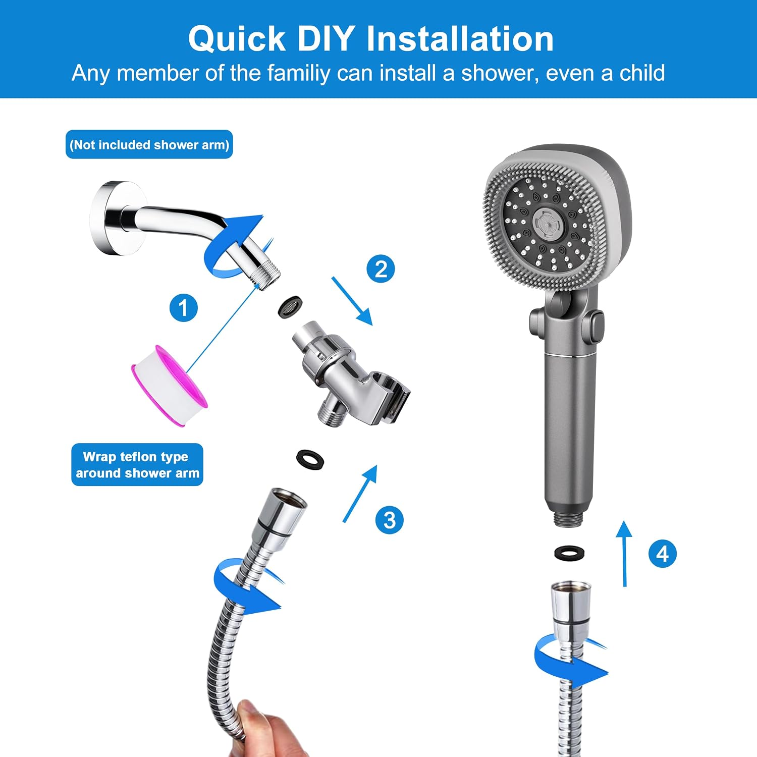 Detalle de Umyder Handheld Shower Head with 79in Hose: High-Pressure Filtered Shower Head with On/Off Pause and Wall Mount