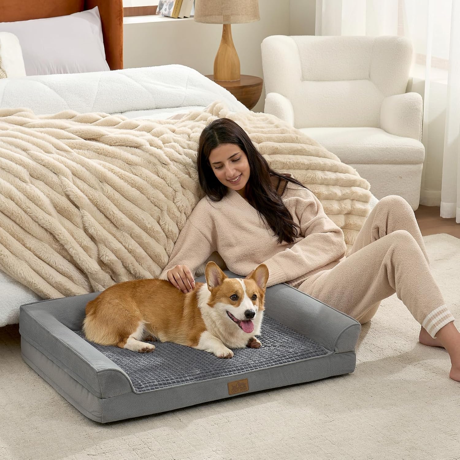 Detalle de Cosy Kiss orthopädisches Hundebett für große Hunde (U-Form, grau) mit wasserabweisendem Bezug
