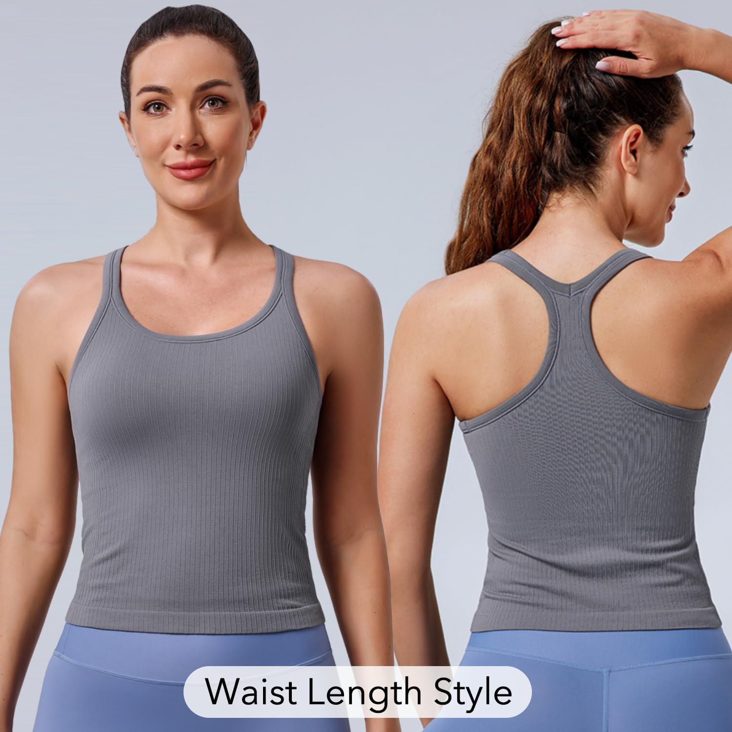 Detalle de Evercute Women's Ribbed Workout Tank Tops with Built-in Bra — 1/2/3 Pack Racerback Crop Tank