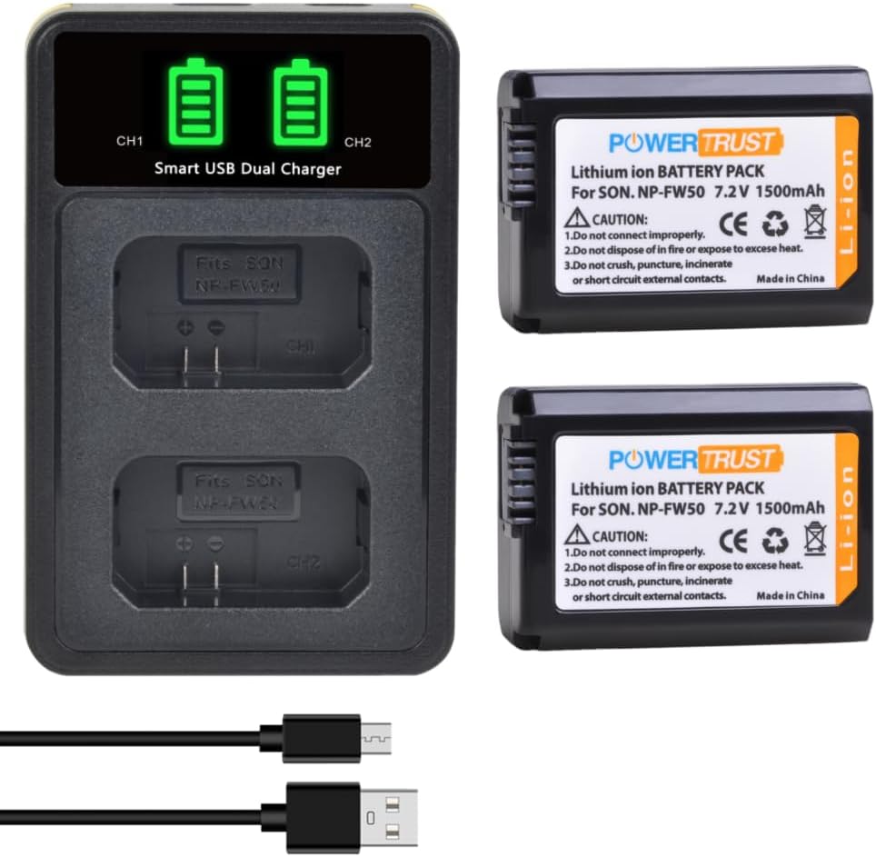 Detalle de PowerTrust 2Pcs NP-FW50 Battery and LED Dual Charger for Sony Cameras