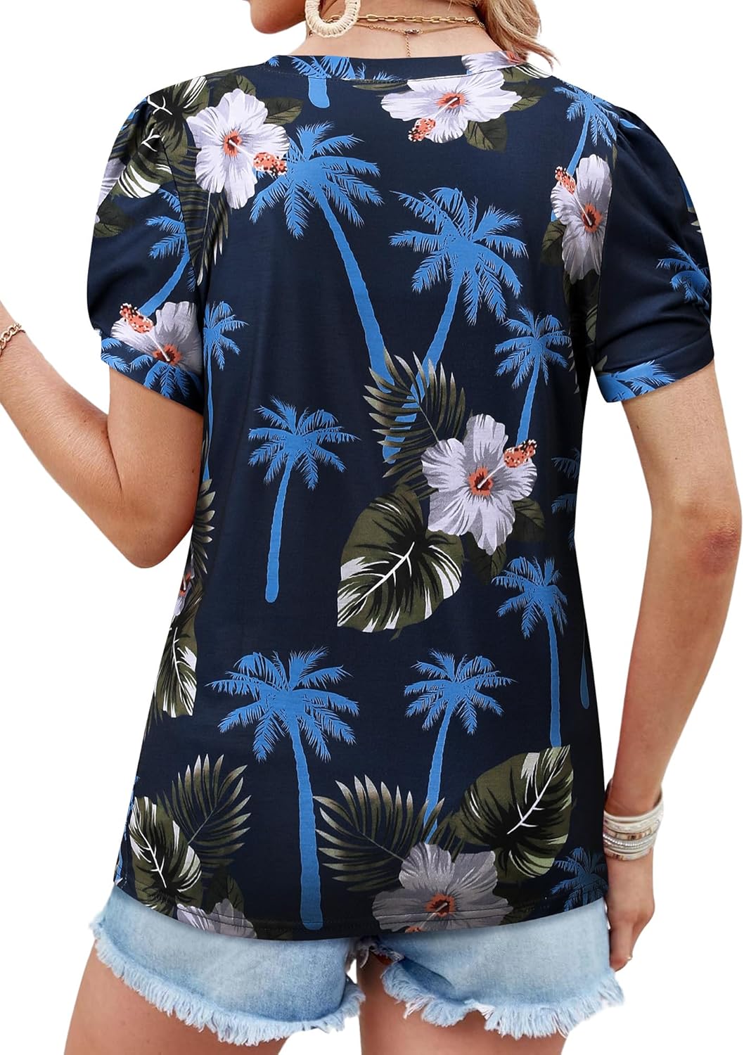Thumbnail 3 de WIEIYM Women V Neck Pleated Puff Short Sleeve Tropical Floral Blouse