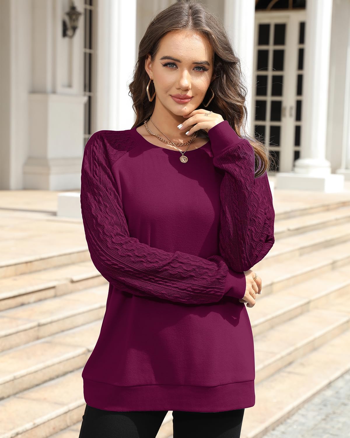 Detalle 2 de Jescakoo Women's Fall Sweatshirt with Cable-Knit Sleeves, Lightweight and Soft