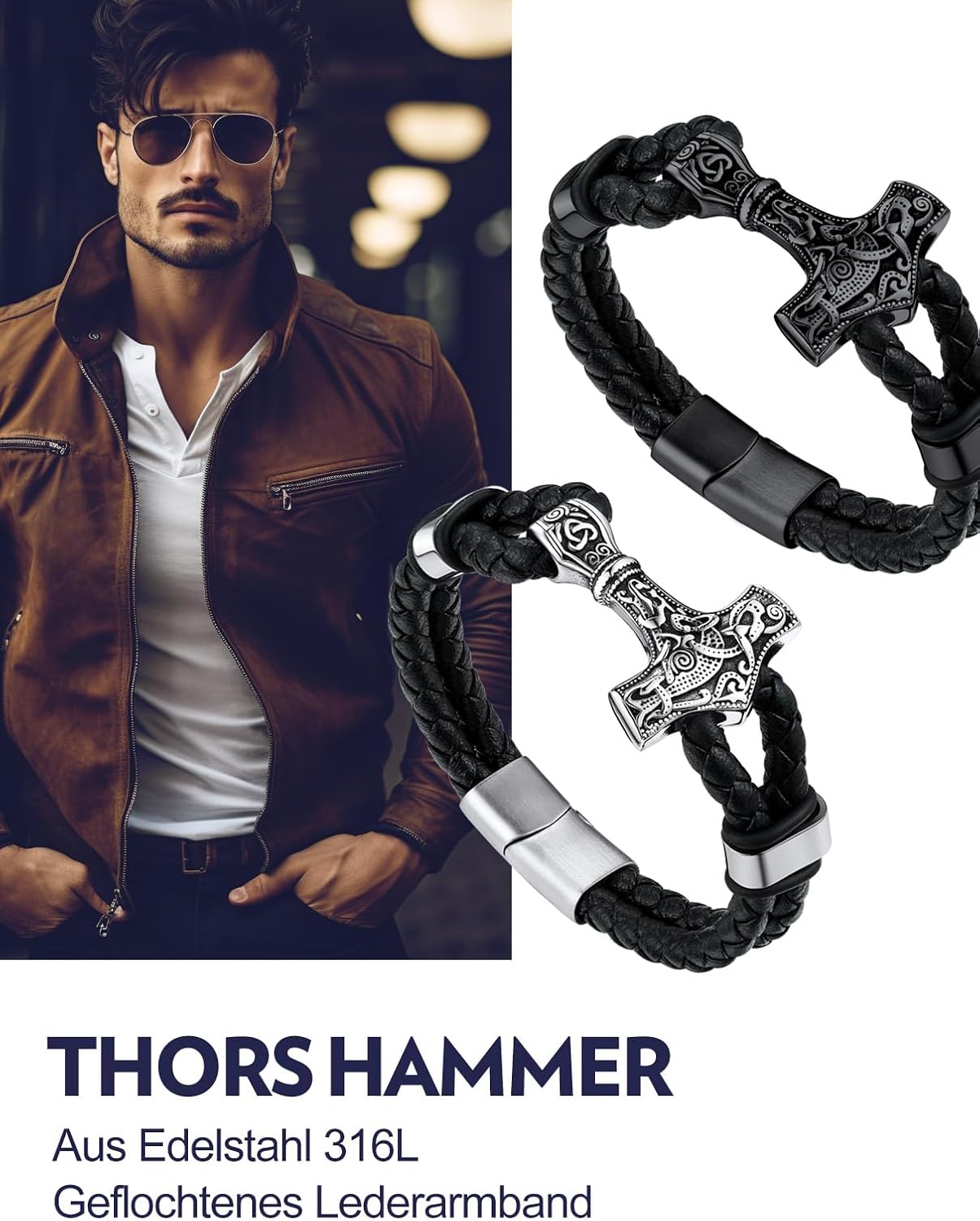 Thumbnail 5 de Bandmax Lederarmband Herren Mjölnir/Totenkopf – personalisierbar, Magnetverschluss, Wickelarmband