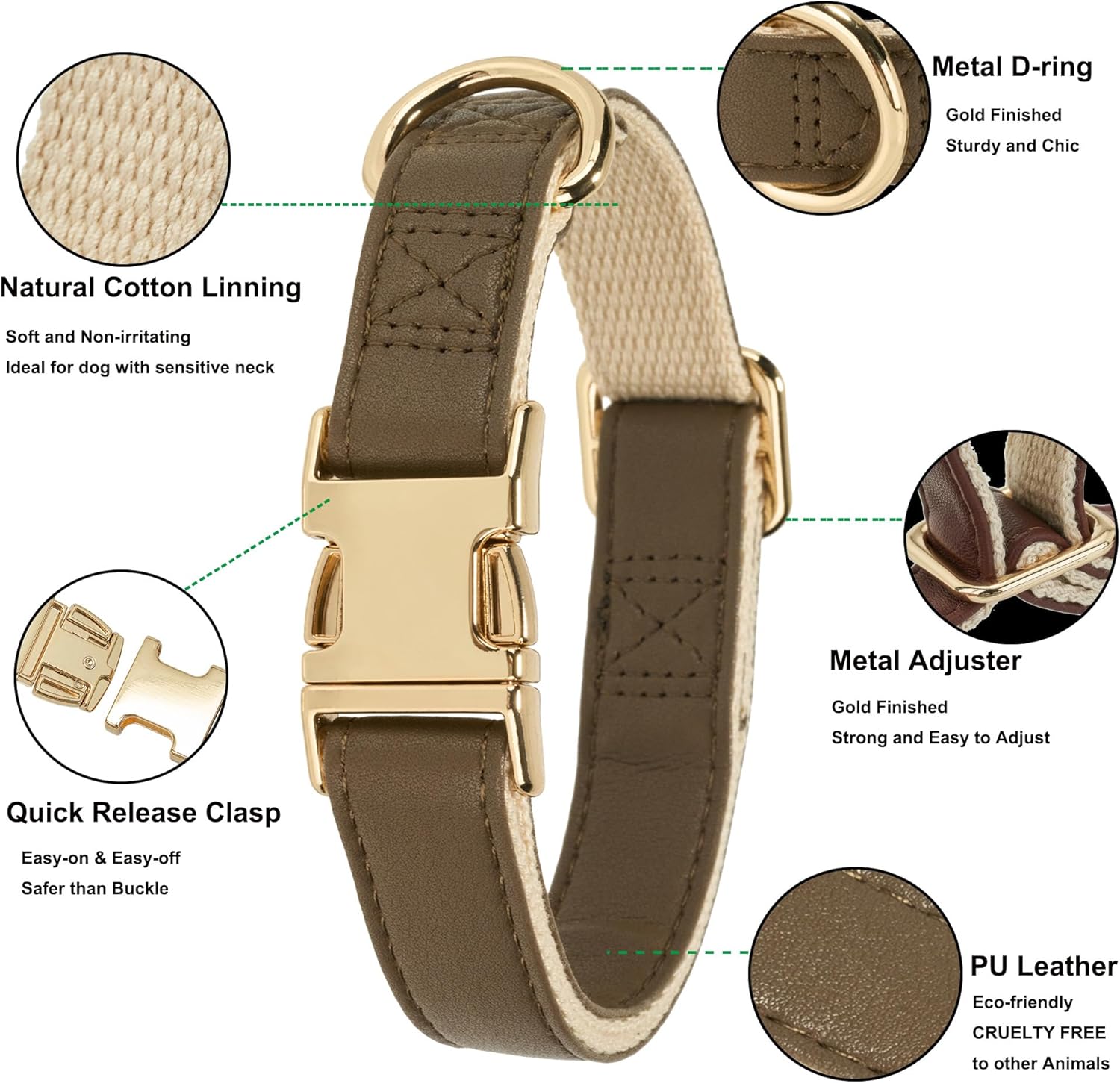 Thumbnail 2 de YUDOTE Soft Leather Dog Collars (Medium) with Safety Quick-Release Metal Buckle – Coffee Natural Cotton Padded