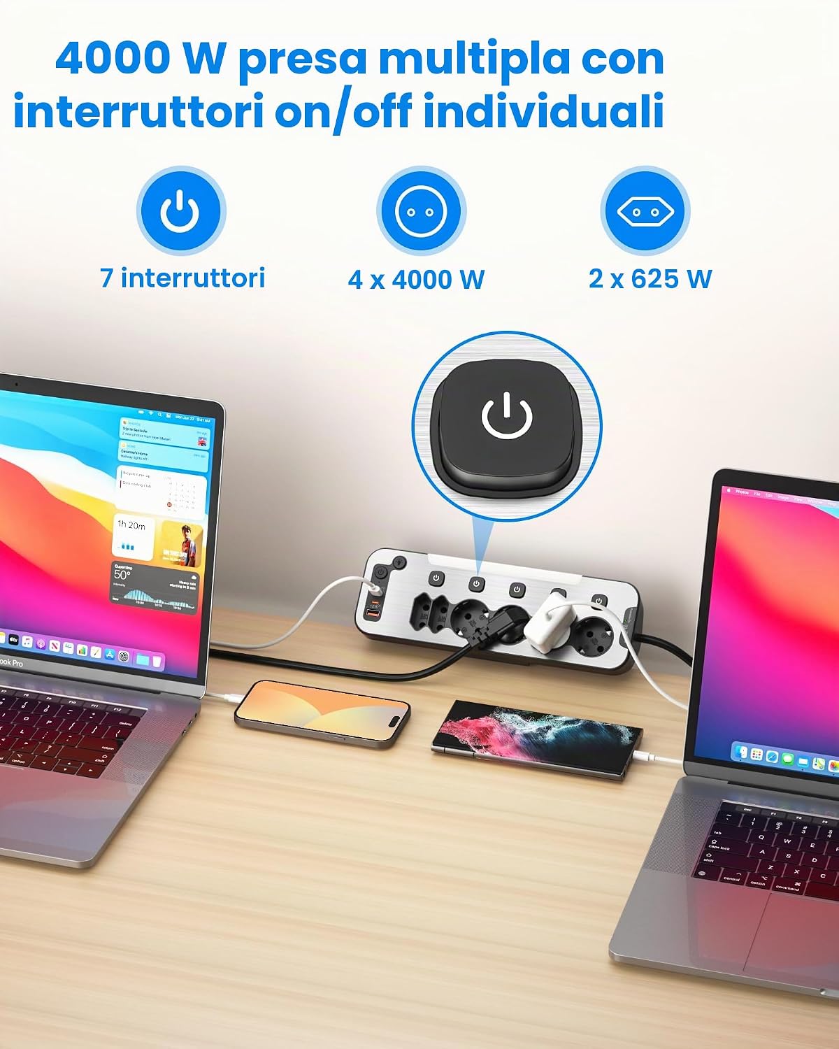 Detalle 2 de Multipresa da Scrivania Ciabatta Elettrica con USB PD20W