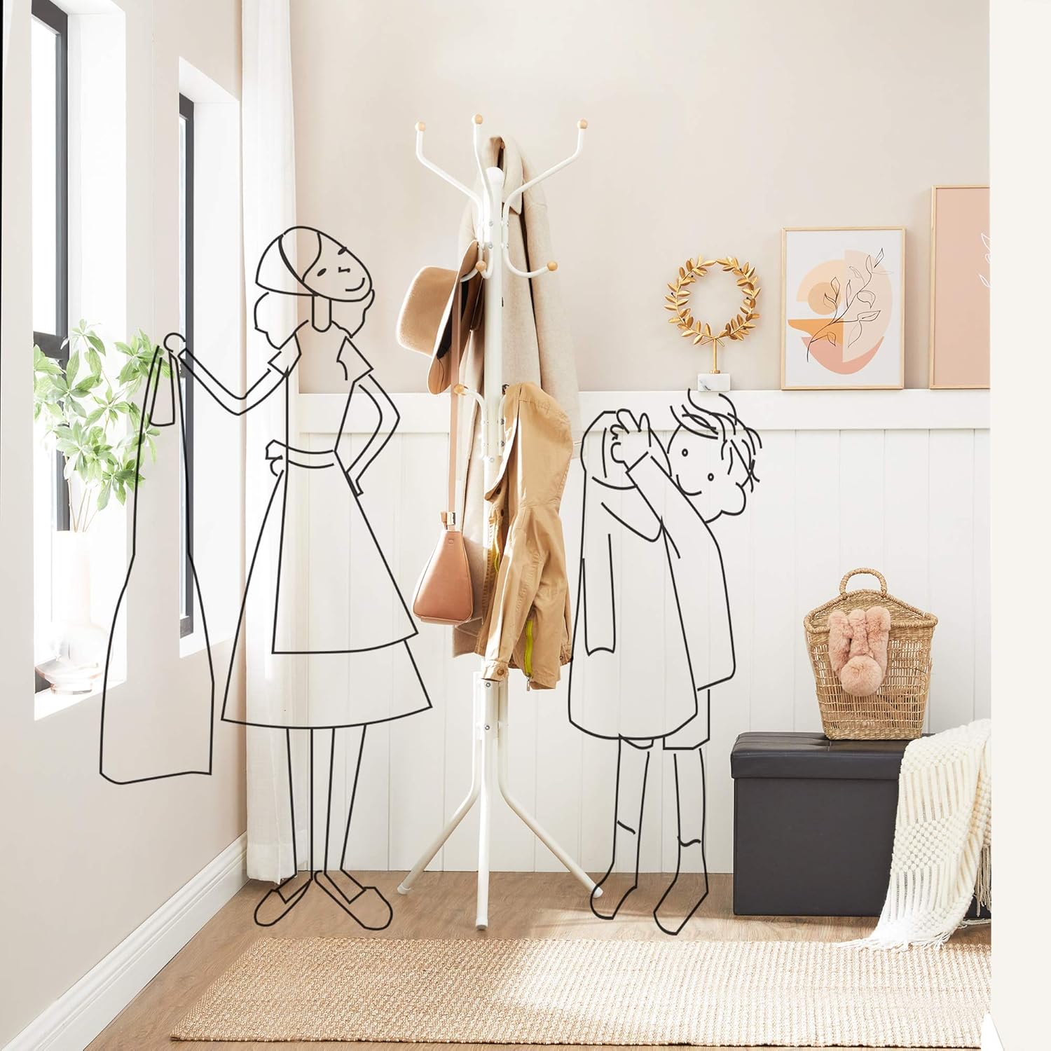 Detalle de SONGMICS Perchero de Pie Blanco 182 cm con 12 Ganchos