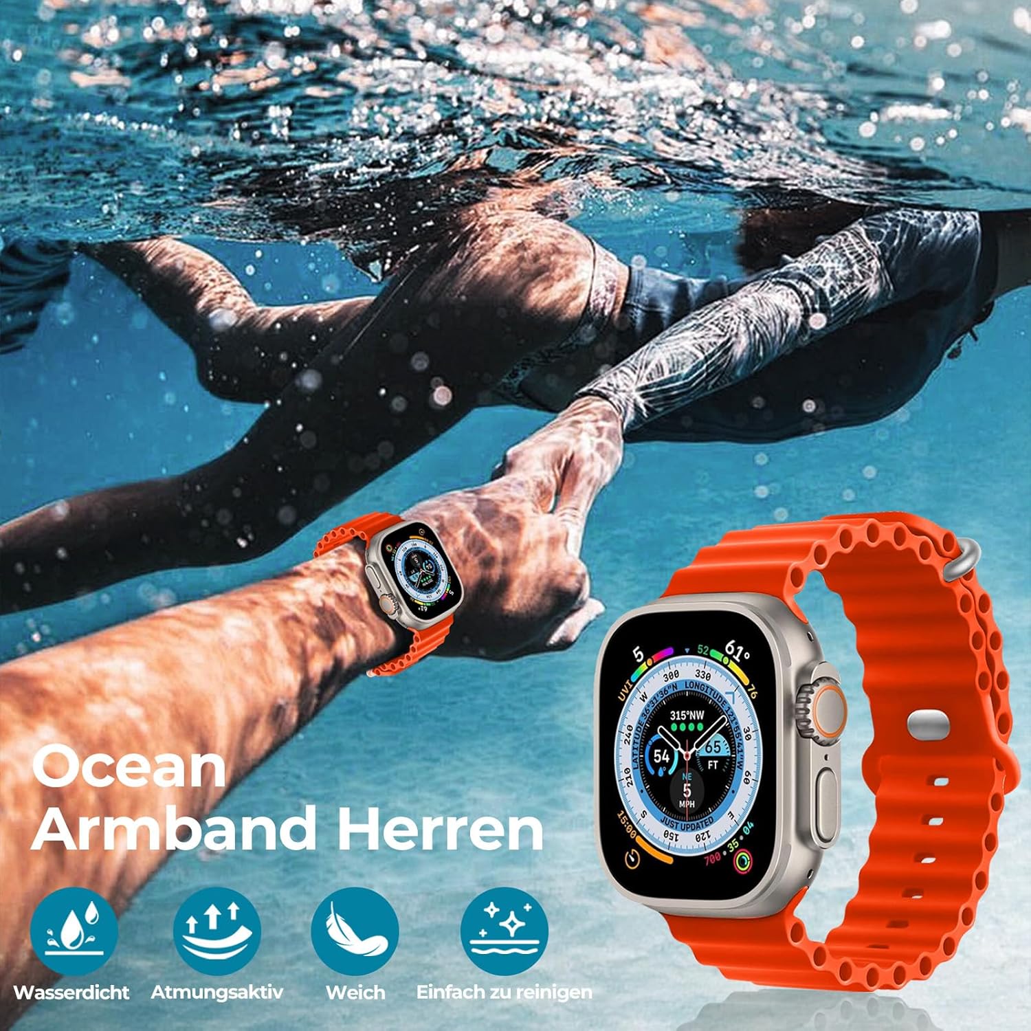 Thumbnail 4 de NUKELOLO Waterproof Ocean Silicone Strap for Apple Watch Ultra 3/2/1 & Series 11–1, 49/46/45/44/42mm