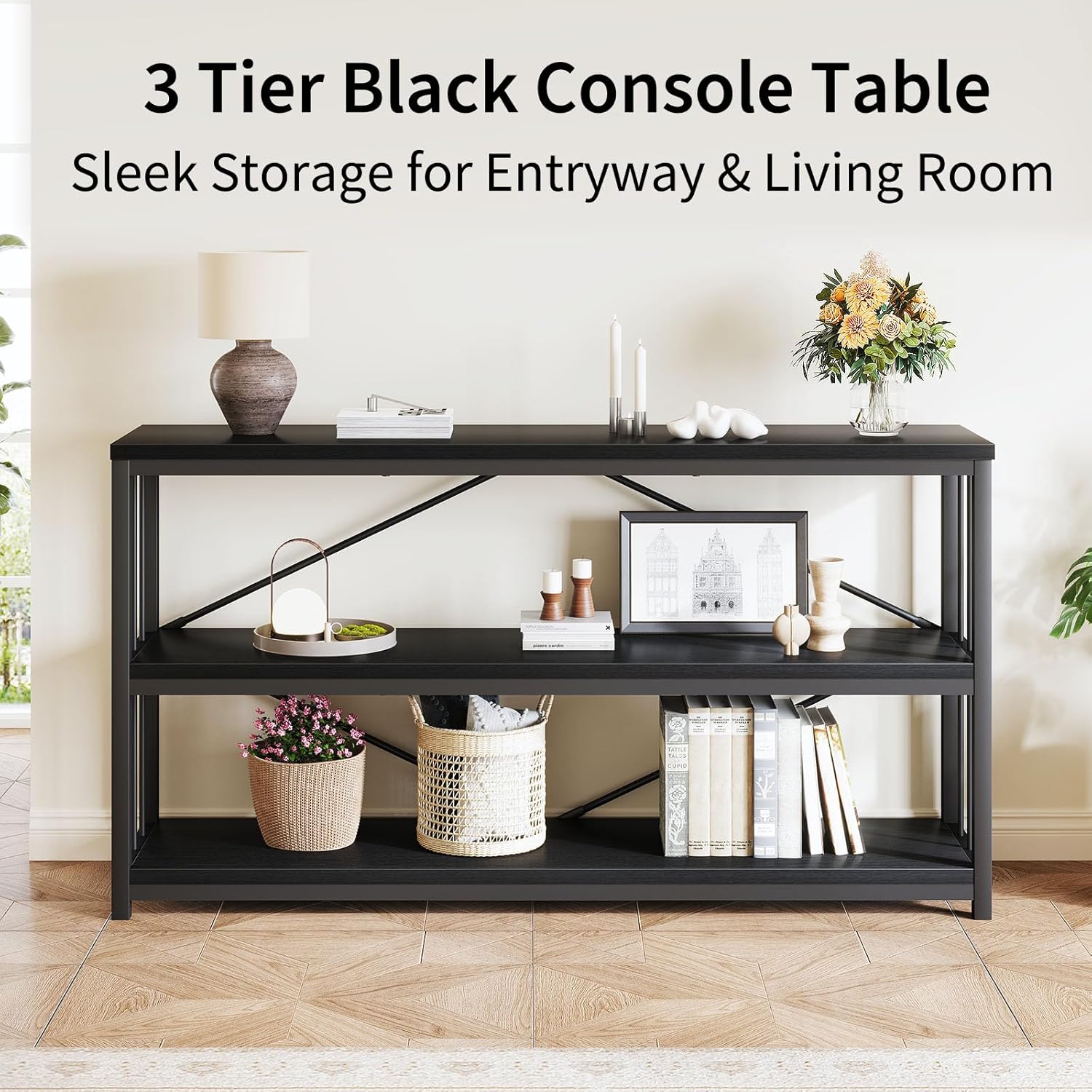 Thumbnail 5 de LVB Tavolo Consolle Nero – Eleganza industriale con 3 ripiani in metallo e MDF