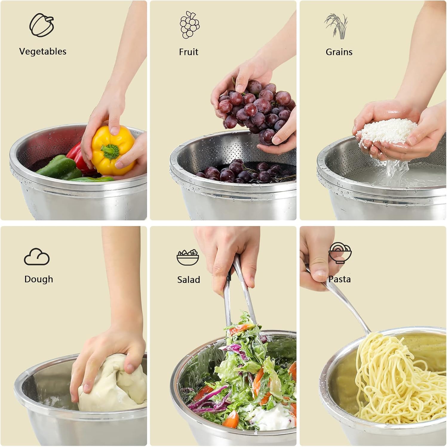 Thumbnail 3 de 304 Stainless Steel Microporous Colander (5QT) with Mixing Bowl for Draining Pasta, Rice & More (2-Piece)