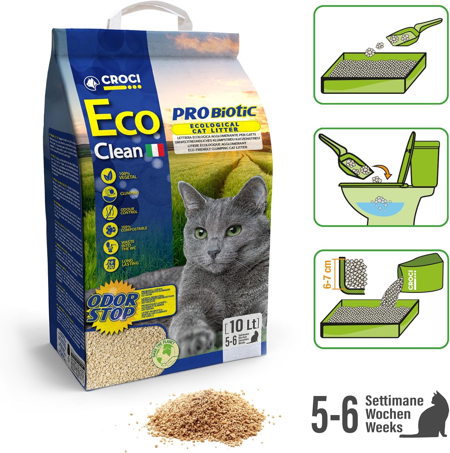 Detalle de Croci Eco Clean Probiotic Litter 10 L – Klumpende Katzenstreu, biologisch abbaubar, 100% pflanzlich