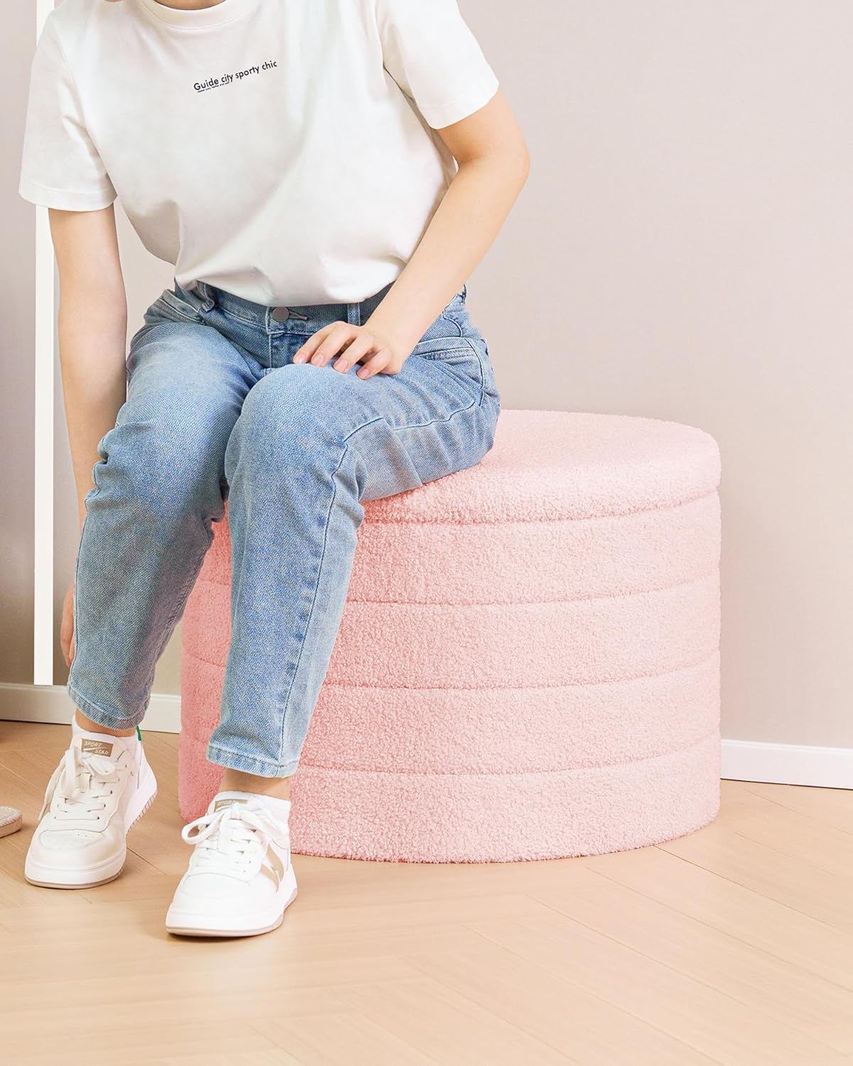 Thumbnail 2 de Bonlife Extra Large Folding Round Ottoman with Storage (Boucle) – Pink, 56 x 56 x 40cm