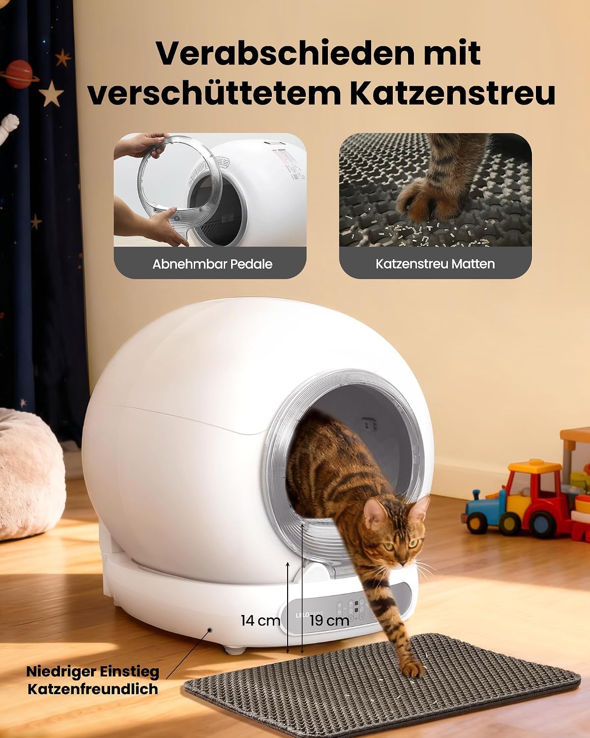 Detalle 2 de LELO PAWS Selbstreinigende Katzentoilette mit Türvorhang – 65L/9L, App-Steuerung, Geruchskontrolle, XXL für Mehrkatzen