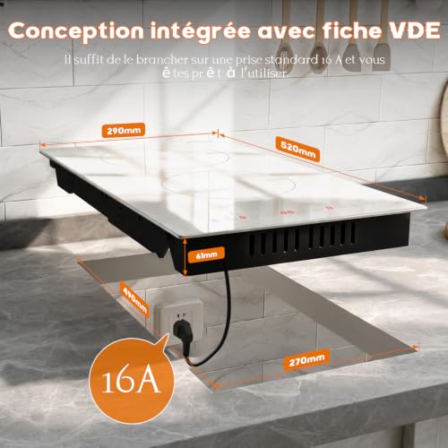 Detalle de Karinear Plaque Induction Blanc 2 Feux – 3500 W, Boost, Pratique et Facile à installer