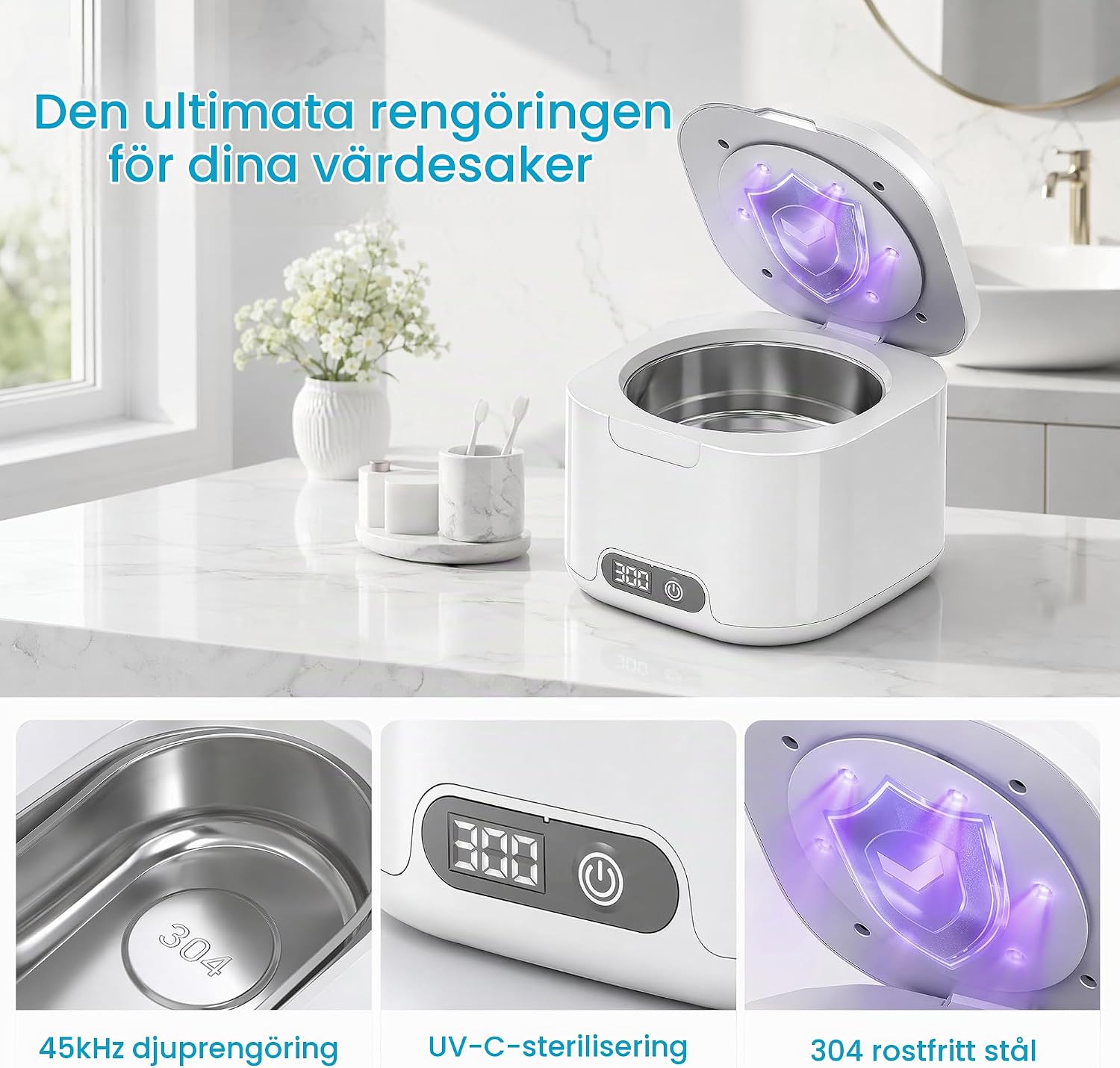 Thumbnail 6 de ZORVENIX ultraljudsrengörare 49 kHz, 340 ml med UV-ljus och fyra lägen