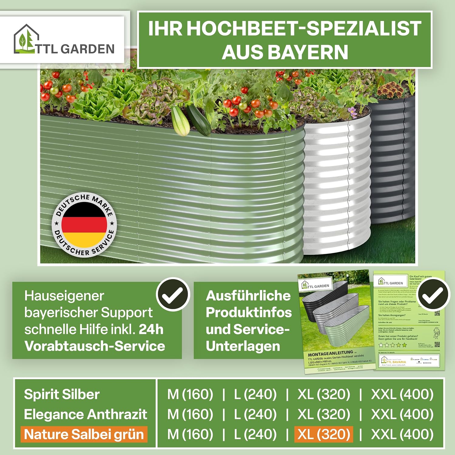 Thumbnail 6 de TTL GARDEN Nature XL Metall-Hochbeet 320 x 80 x 80 cm (salbei-grün) aus verzinktem & lackiertem Stahl