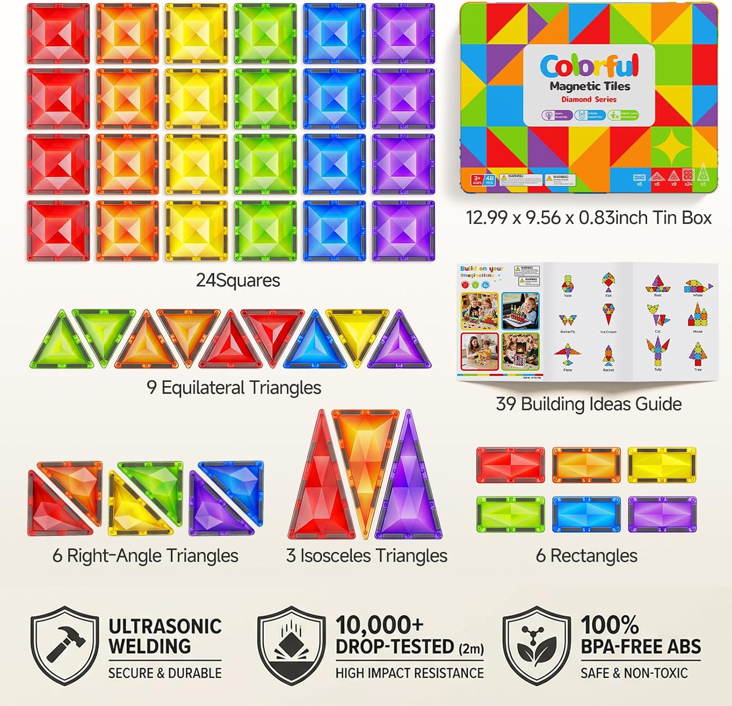 Thumbnail 6 de STEM MATCH Diamond Magnetic Building Tiles, 48-Piece Set with 7.5cm Tiles and Tin Box